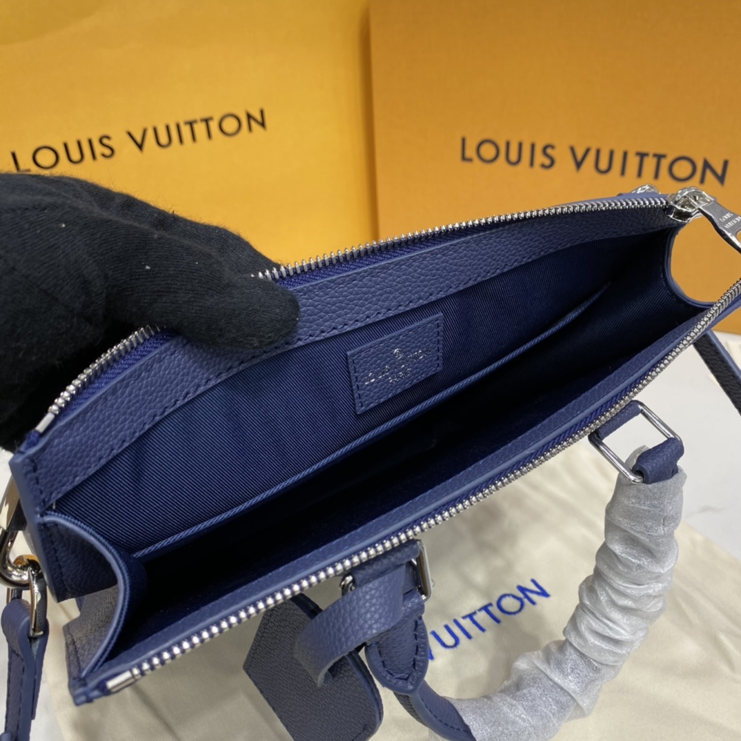 Louis Vuitton SAC PLAT PM Handbag Cowhide Leather M57843 Navy Blue